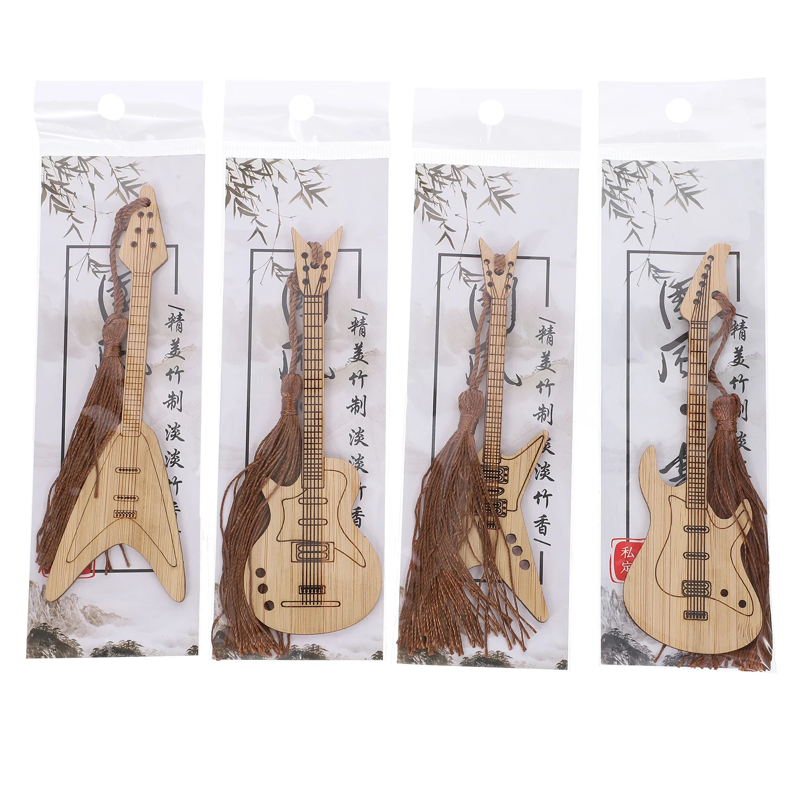 

4Pcs Guitar Shaped Bamboo Book Marks Creative Reading Bookmarks Tassels Gifts for Students Writers Book Marks Bamboo Bookmark