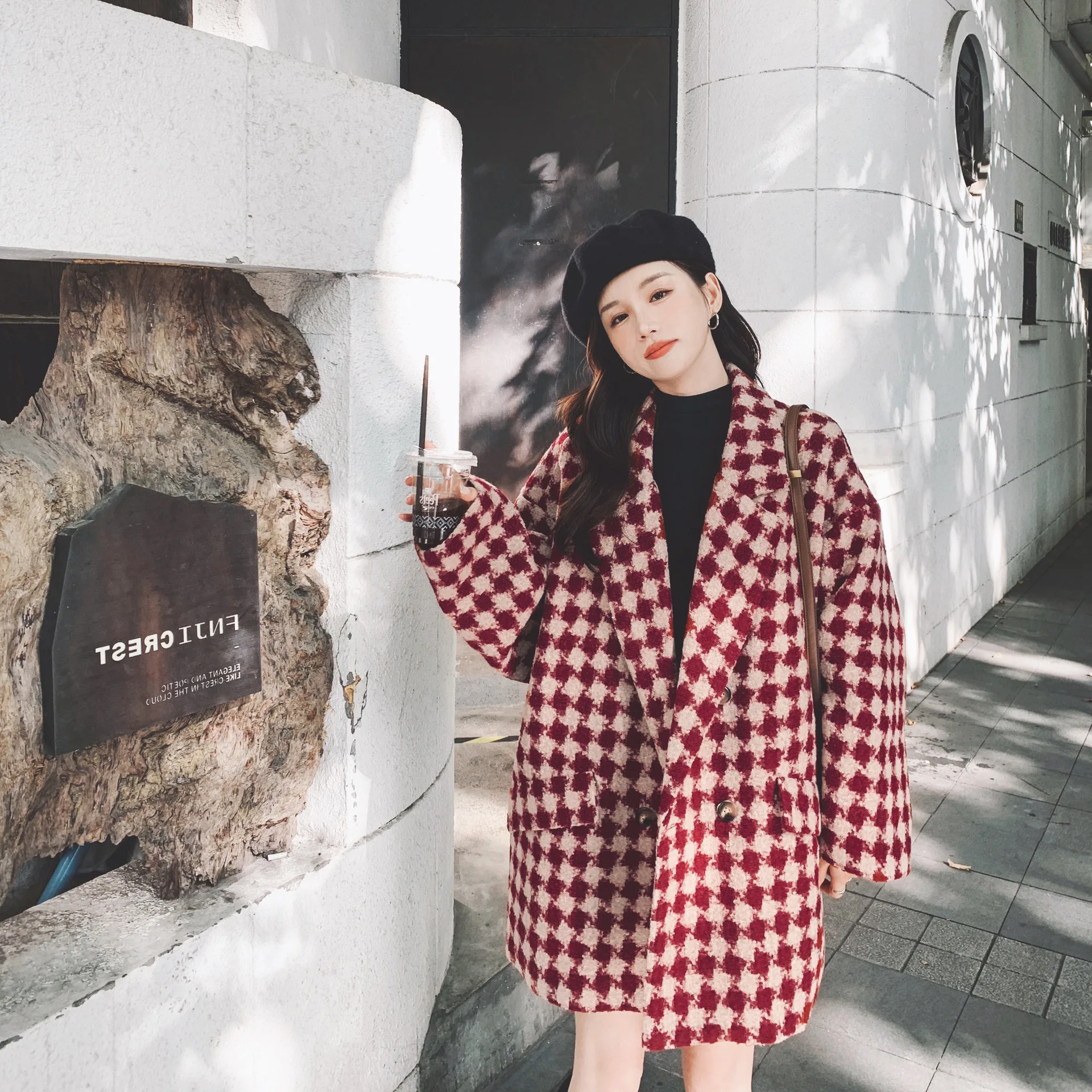 

Fashion Diamond Plaid Double Row Button Woolen Coat Suit Collar Sweet Coat Women's Autumn And Winter Style
