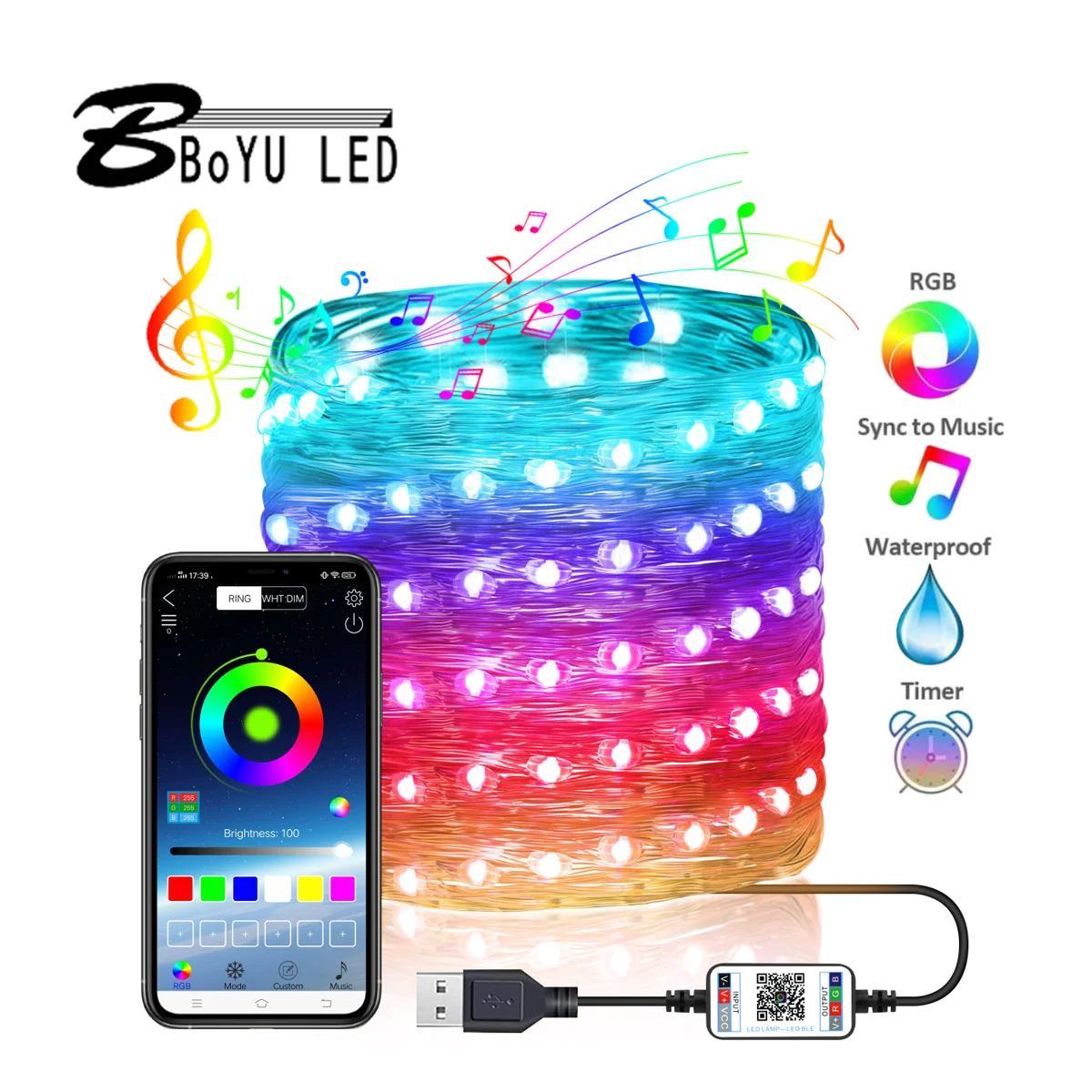 

led copper wire light string mobile phone bluetooth app dimming color control usb rgb Christmas light string