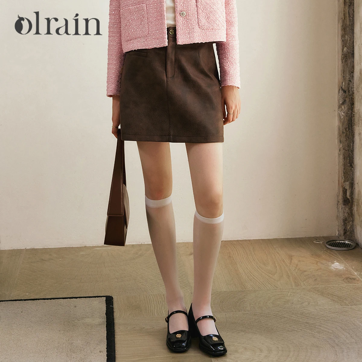 OLrain Women's Mocha Suede Mini Skirts Autumn 2026 Vintage High-waist A-line Artistic Printing Casual Short Skirt N56QB93600