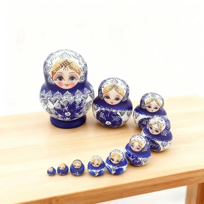 Russische Stapelpop 10st Handwerk Houten Matroesjka Speelgoed met Traditioneel Blauw en Wit Porselein Patroon F19F