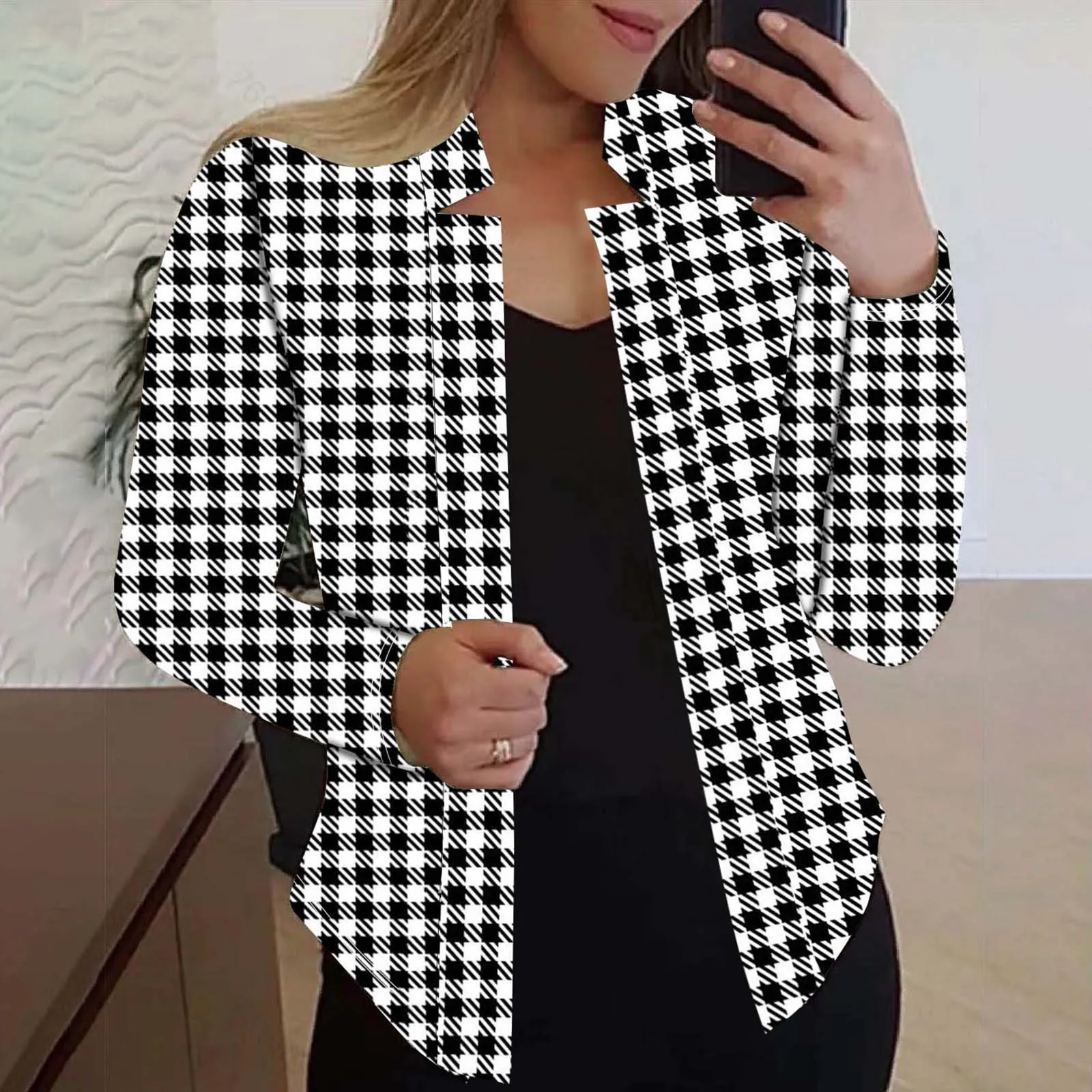 vintage Stylish Plaid Women's Jacket Contrast Color Long Sleeve Comfortable Suit Jacket Women's Blouse With Small Stand Collar