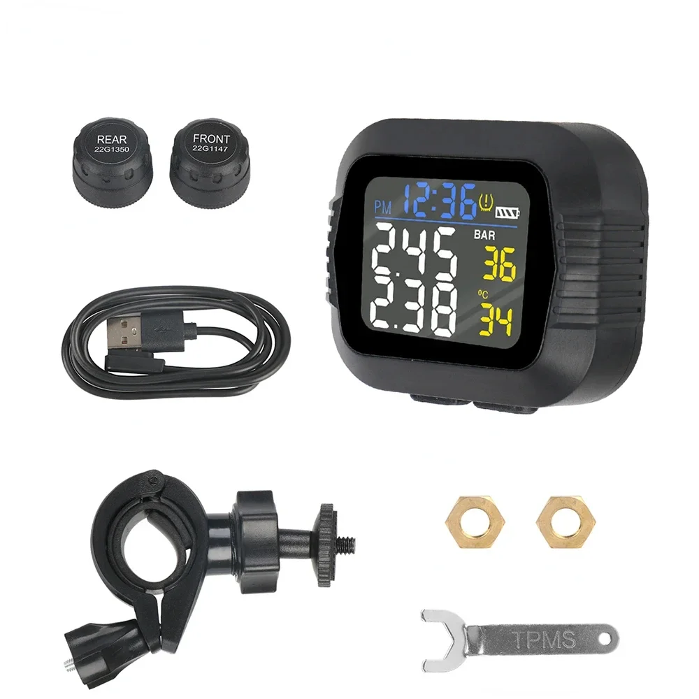 Motorcycle TPMS Tire Pressure Monitoring System Temperature Alarm With 2 External Sensors Moto Tyre Alarm Systems Real Time