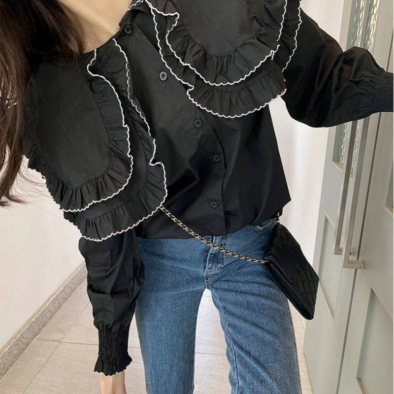 Korean New Spring Long Sleeve Top Double Ruffles Peter Pan Collar Button Up Shirts Women Blouse Fresh Sweet Elegant Blusas Mujer