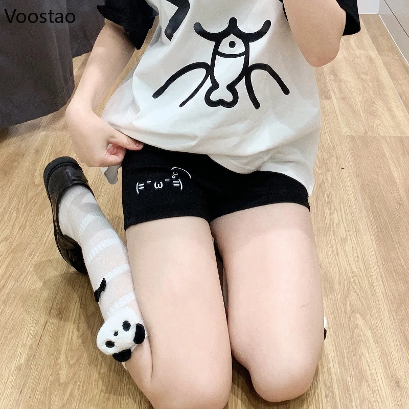 Short en coton Harajuku japonais pour femmes, pantalon court noir imprimé mignon, mode coréenne Kawaii, bas Y2K, été 2024