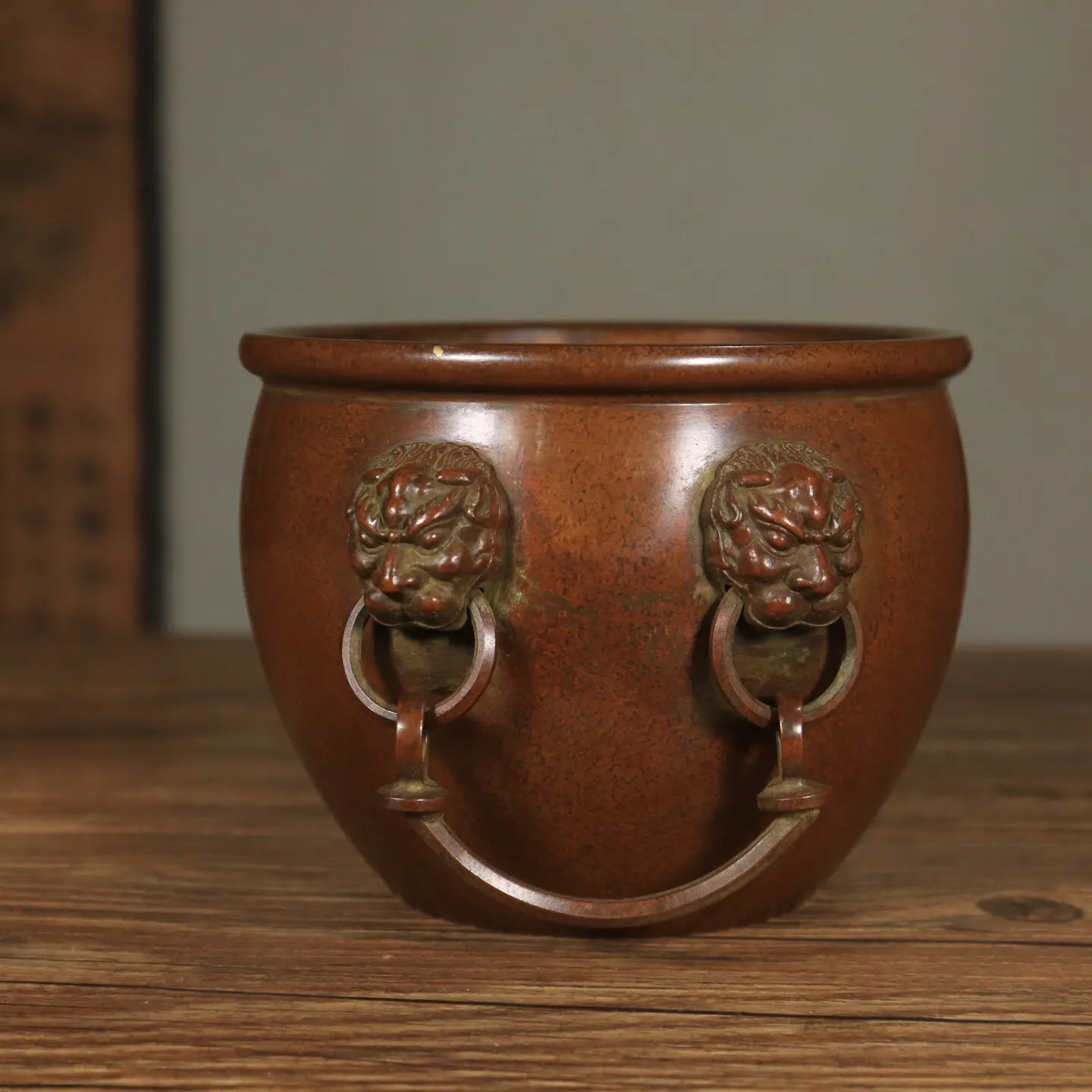 Vintage Large Solid Copper Double Lion Head Lucky Vat Feng Shui Treasure Basin Home Wealth Decor