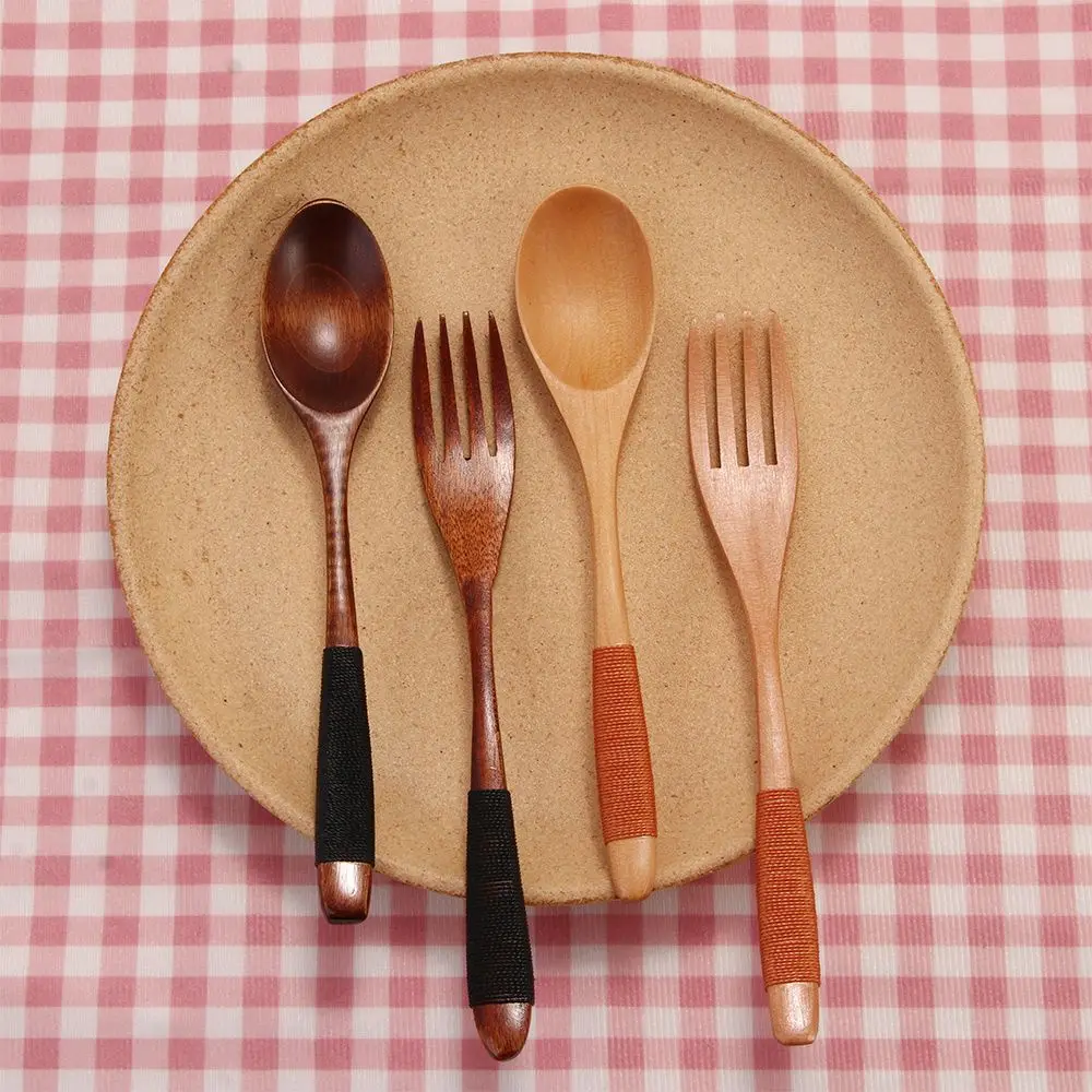 Handmade Wooden Kitchen Supplies Cereal Rice Utensil Fork Dinnerware Sets Spoon Tableware