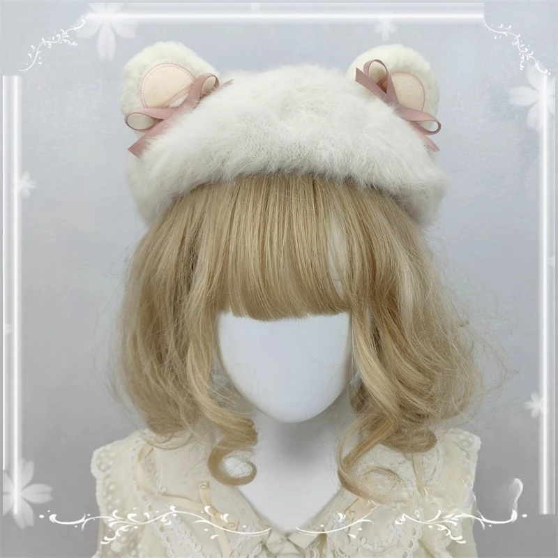 Original design lolita cute soft girl hat plush bear ear Cat's ears (Steamed cat-ear shaped bread) beret autumn and winter hair