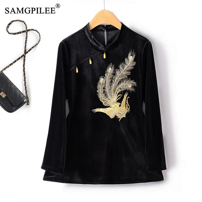 

Fashion Woman Blouse 2023 New Chinese Style Autumn Winter Embroidery Improved Buckle Velvet Drape Tops Women's T-shirts 4XL