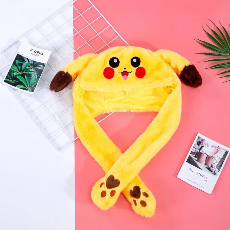 Pokemon Cartoon Glowing Hat Cute Pikachu Children Plush Bunny Hat Cute Pet Bunny Ears Will Move Headband Girl New Year Gift New