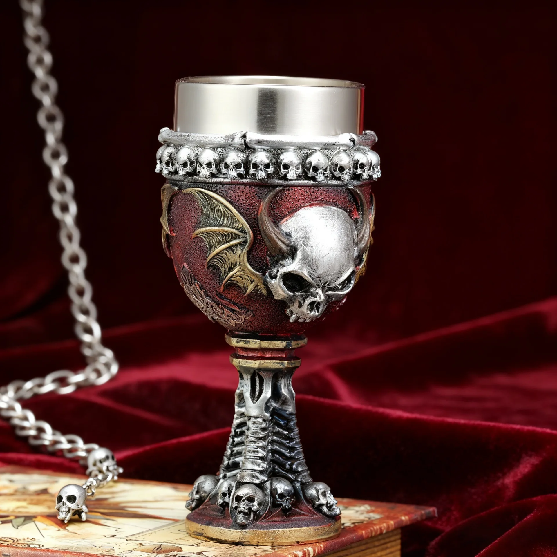 Dark Gothic Skeleton Bat Goblet Stainless Steel Insert Demon Skull Chalice Halloween Wine Glass Whiskey Cup
