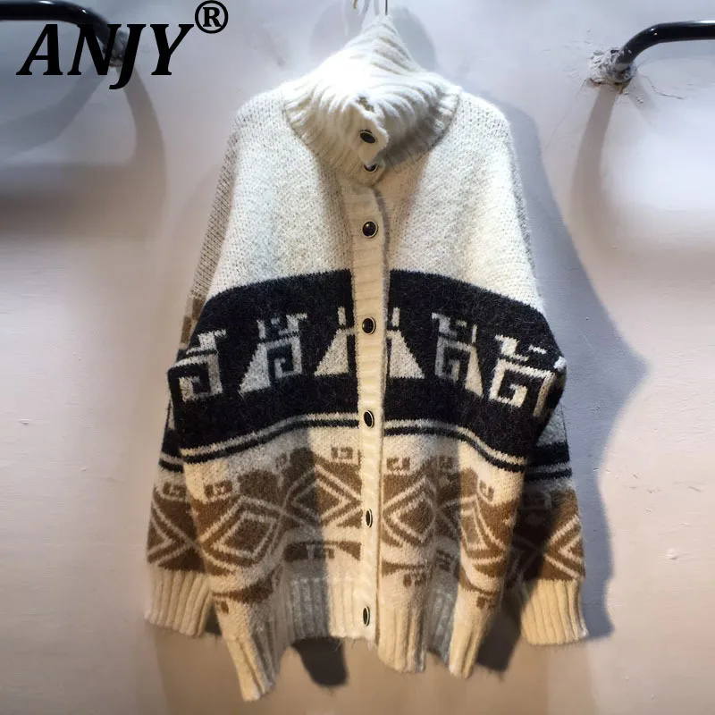

ANJY 2025 Autumn Winter New Women European Argyle Contrast Color Elegant Mid-Length Sweater Cardigan Coats Loose Slimming A16343