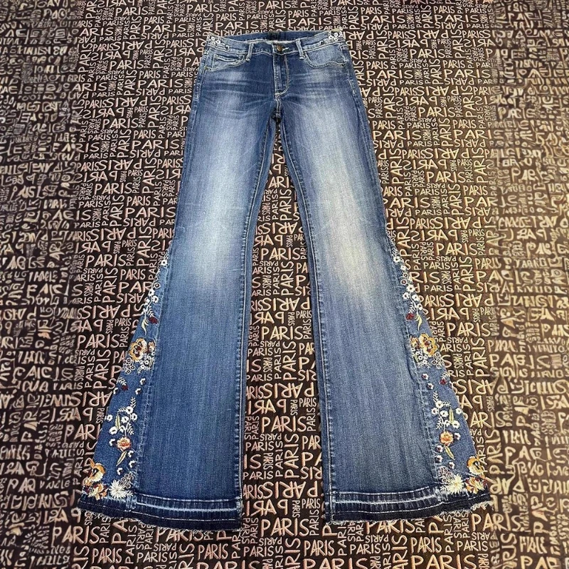 

Женские американские дизайнерские сверхпрочные джинсы с цветочной вышивкой, осень-зима, винтажные облегающие расклешенные брюки для Spice Girls
