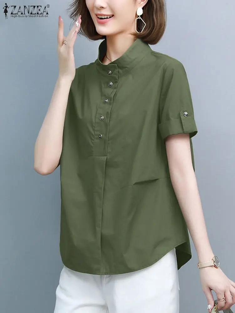 ZANZEA Women Short Sleeve Blusas Vintage Stand Collar Casual 2024 Summer Blouses Solid Color Button Up Commute Elegant Shirts