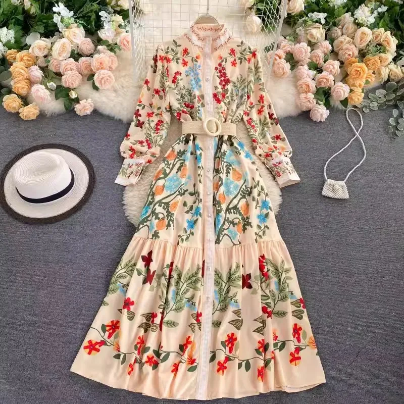 

Stand Neck Single-breasted High Grade Evening Dresses Occident Vintage Court Style Vestido Lace Up Slim Flower Print Robe Femme