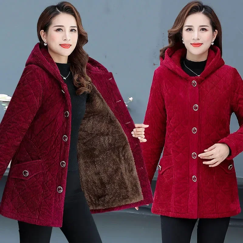 

Women Corduroy Jackets New Autumn Winter Solid Loose Outwaer Female Casual Middle-aged Thicken Warm Hooded Female Overcoats C84