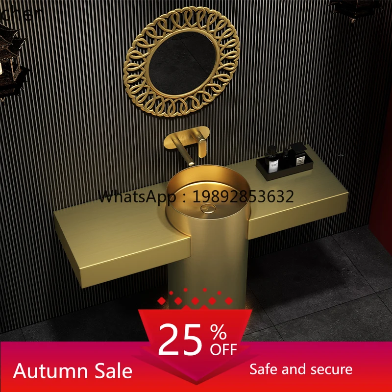 

light luxury thin edge stainless steel column type face wash basin integrated floor