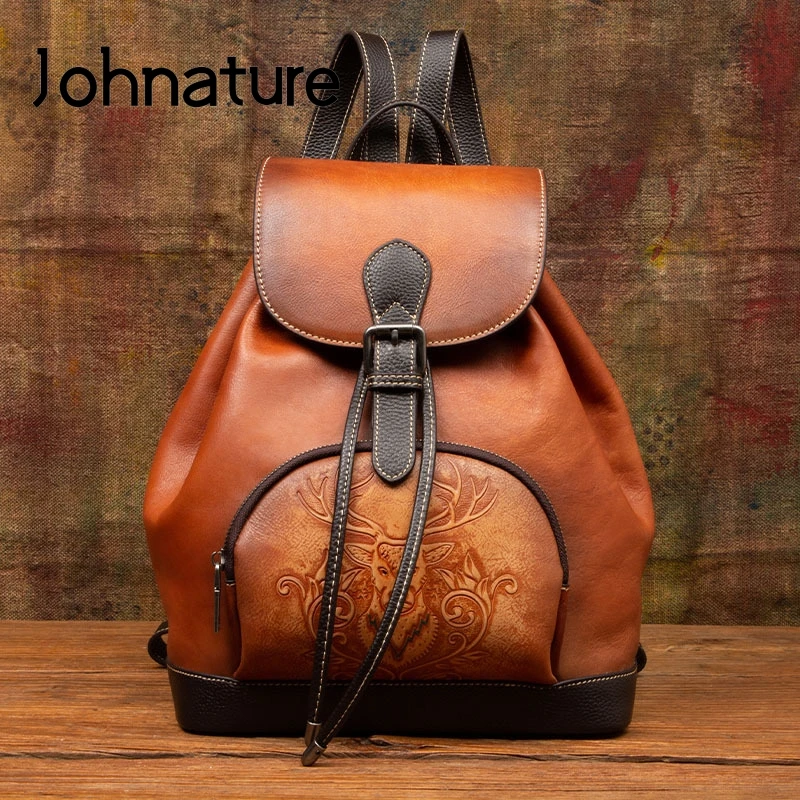 

Johnature Genuine Leather Bag Embossed Women Backpack 2024 New Nature Soft Cowhide Vintage Large Capacity Outdoor Travel Bags