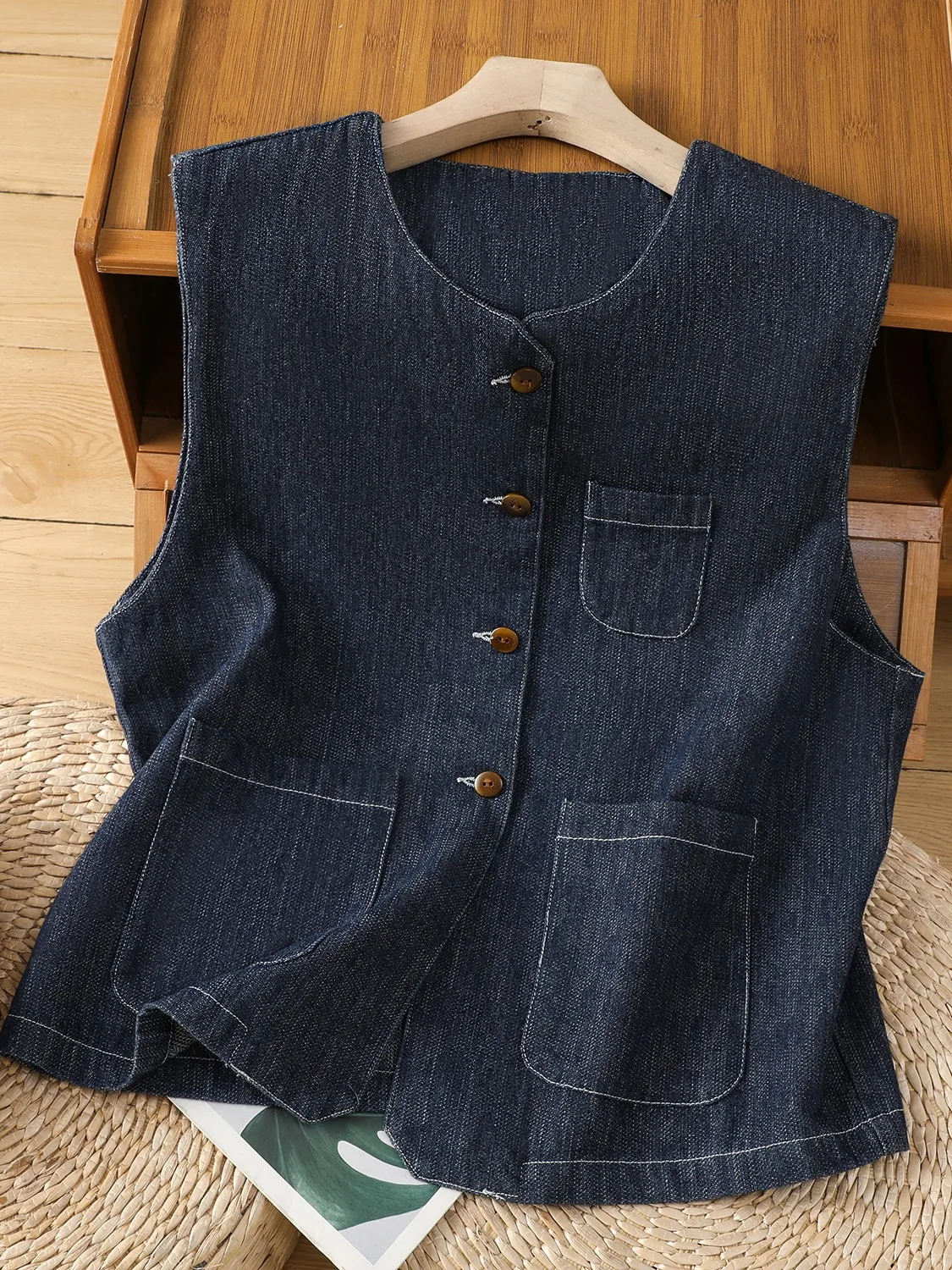 

Простой джинсовый жилет в стиле ретро, верхняя одежда, женский весенний многослойный повседневный круглый топ Ne Svel с подплечниками для похудения, небольшой размер