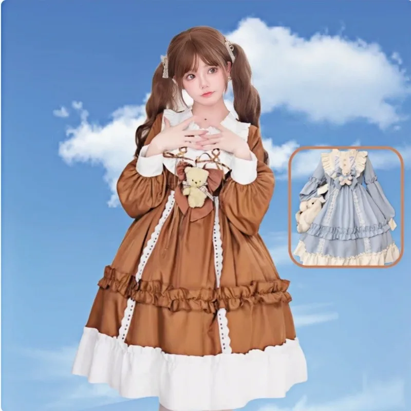 

Women Princess Dresses Lolita Cosplay Maid Cute Japanese Style Long Sleeve Dress with Bear Charms Cute Daily Role Play Costume