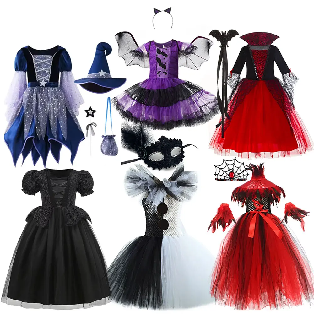 Girl Cosplay Infant Fancy Manual Witch Vampire Costume Halloween Easter Carnival Party Horror Scary Dress+ Broom and Hat Set