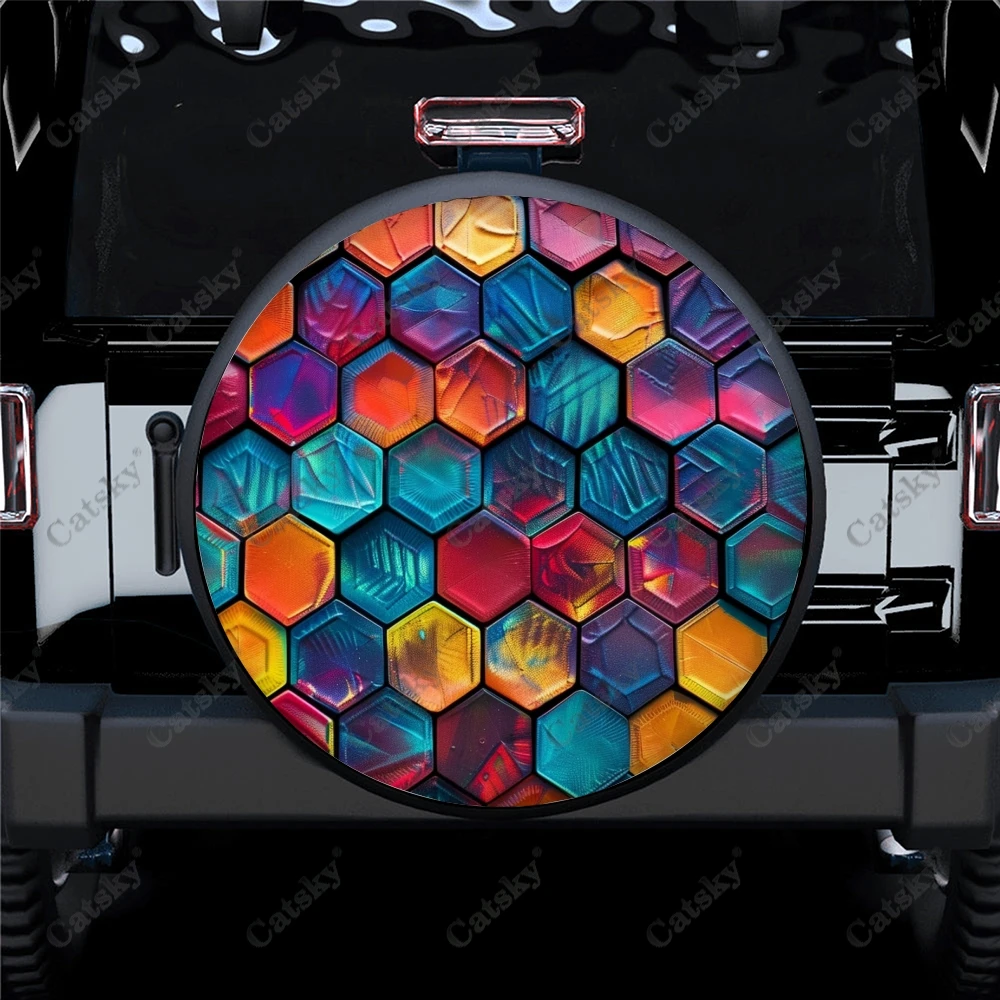 3D Grungy Hexagon Polyester Universal Spare Wheel Tire Cover Custom Tire-Covers for Trailer RV SUV Truck Camper