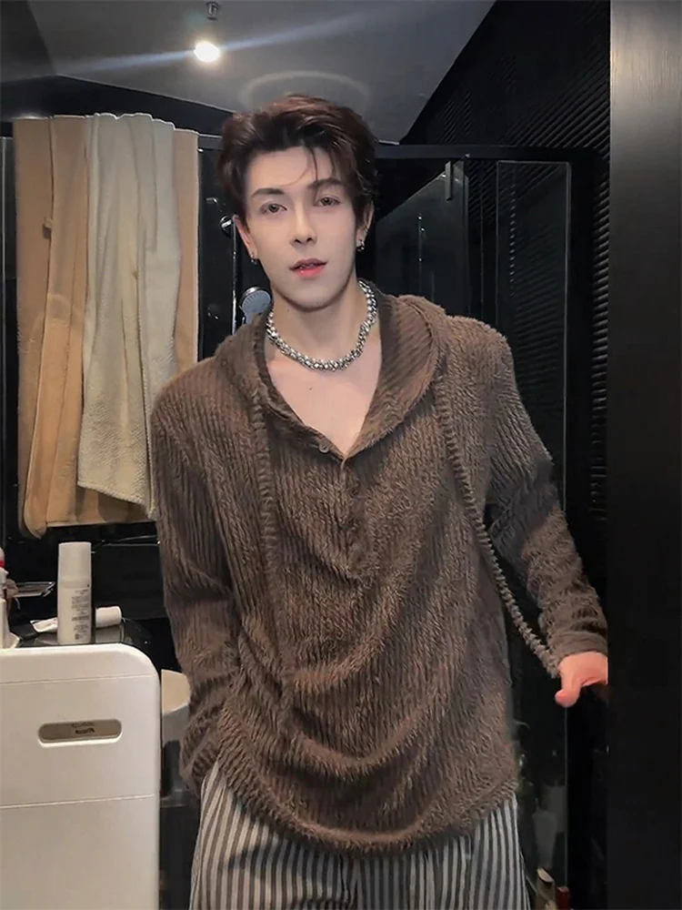 

Повседневный вязаный свитер свободного кроя кофейного цвета для мужчин, модный, осенне-зимний, из мягкого хлопка, на пуговицах