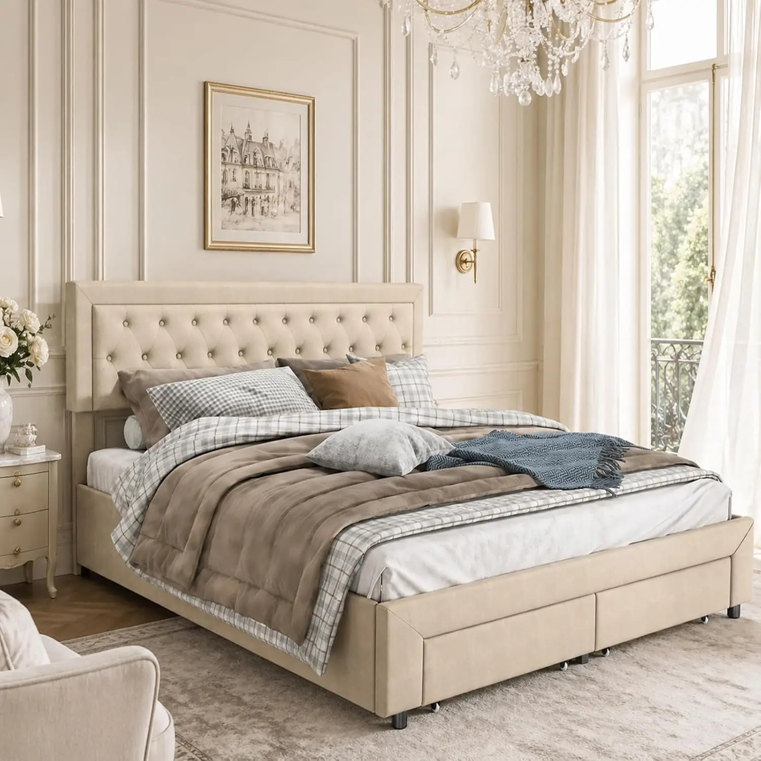 Fangange Boxspringbett 160 x 200 cm mit Bettbox, gepolstertes Doppelbett, hydraulisches Bett mit Stauraum und Schubladen, Bettgestell mit Stauraum und Lattenrost, Jugendbett mit Rückenlehne, Samt