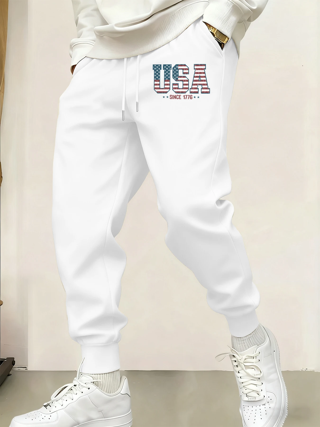

Creative Usa Since 1776 Letter Print Autumn Casual Long Pants Men Street Trendy Sweatpants Pocket Jogging Pant Fleece Britches