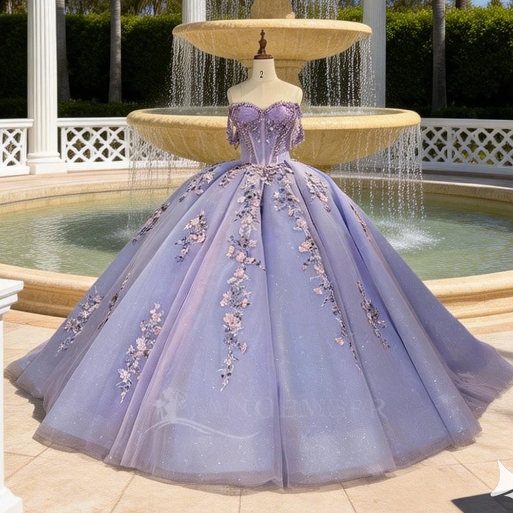 

Блестящие платья для Quinceanera в стиле принцессы, с открытыми плечами, индивидуальной вышивкой бисером и кристаллами, корсетом, из фатина, для Sweet 16, бальные платья, Vestidos 15 Anos