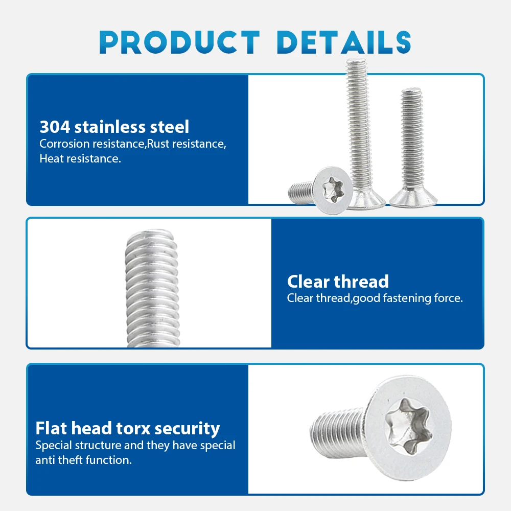 NINDEJIN Flat Head Torx Machine Screws M2 M2.5 M3 M4 M5 M6 Stainless Steel Tamper Resistant Screw Security Anti-theft Screw