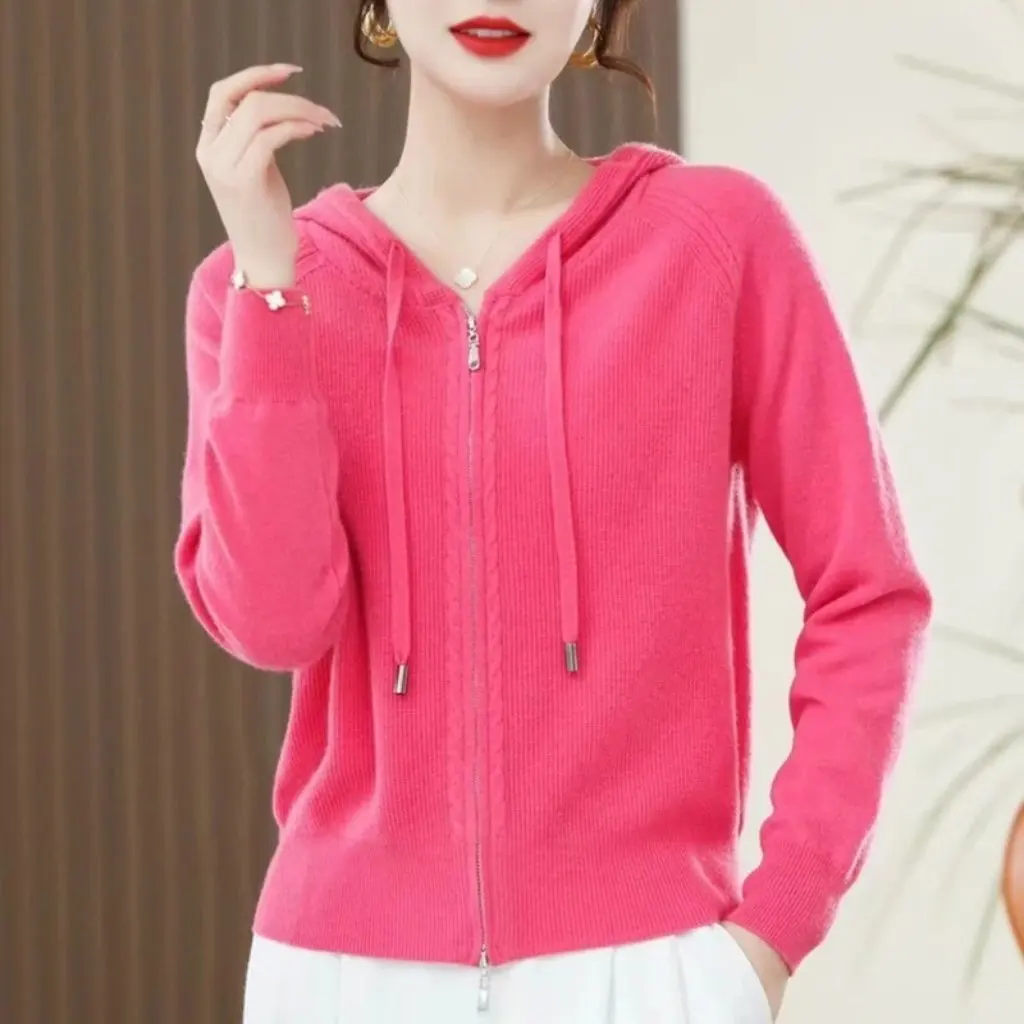 

Women's Casual Knitted Cardigan Sweater Coat Solid Color Double Zipper Hooded Lace-Up All-Match Autumn Winter New