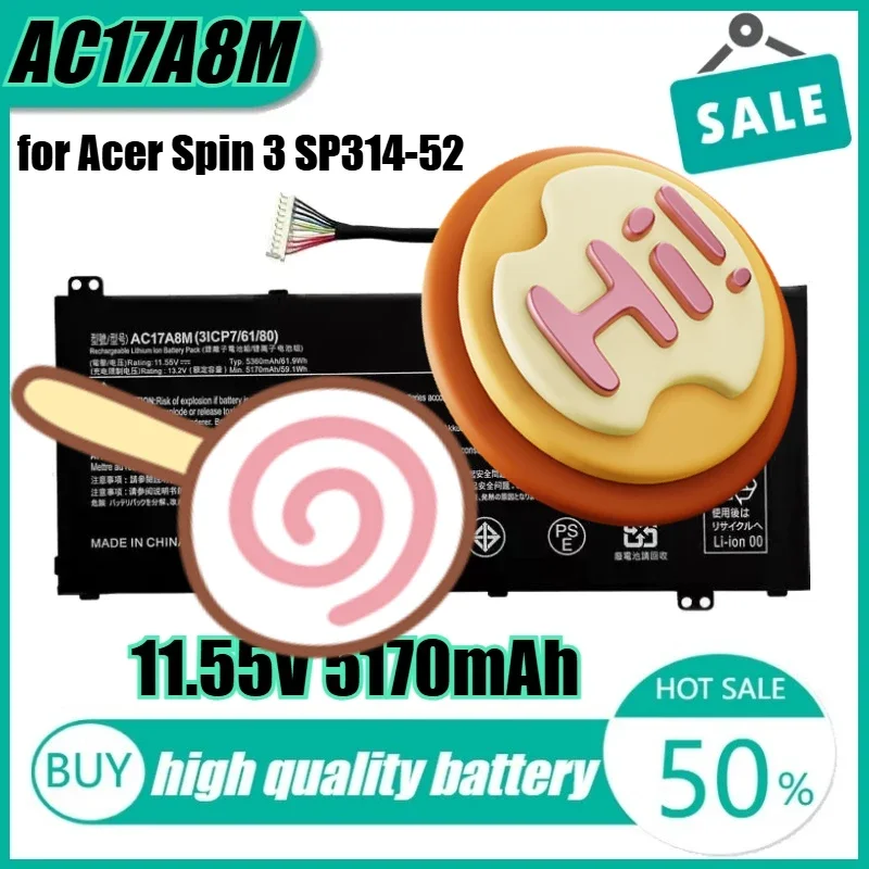 

11.55V 59.1Wh 5170mAh AC17A8M Laptop Battery for Acer Spin 3 SP314-52 TravelMate X3410-MG X3410-M