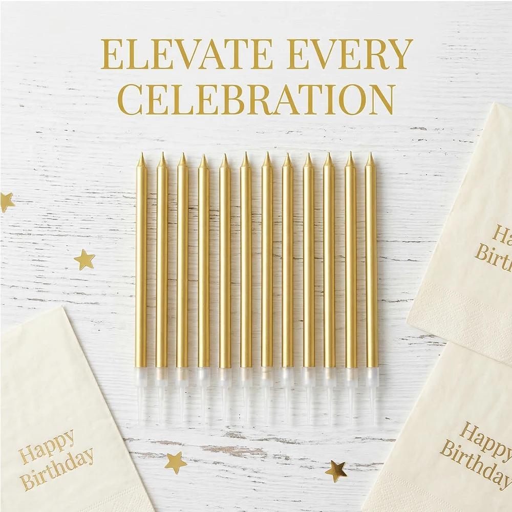 12er-Pack Lange Dünne Geburtstagskerzen Langsam Brennende Goldene Tortenkerzen für Geburtstag Hochzeit Glücksparty Dekoration – Detail 3