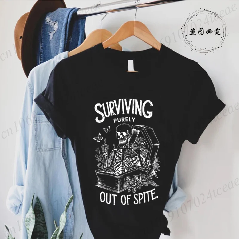 Surviving Purely Out of Spite Shirt, Funny Goth Celestial Skeleton and Bats T-shirts, Bat Lover Gothic Boho Tshirt, Woman Tee