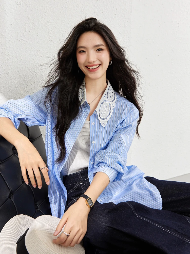 VIMLY 女性ブルーストライプシャツ 2025 春秋ファッションシックなレーストリム刺繍長袖トップオフィスウェア Cothes A1930