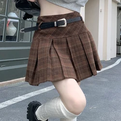 Woolen Plaid Skirt with Belt Boxy Pleated Checkered Mini Skirt with Bulit-in Shorts Women Teenage Girl Academia Outfit