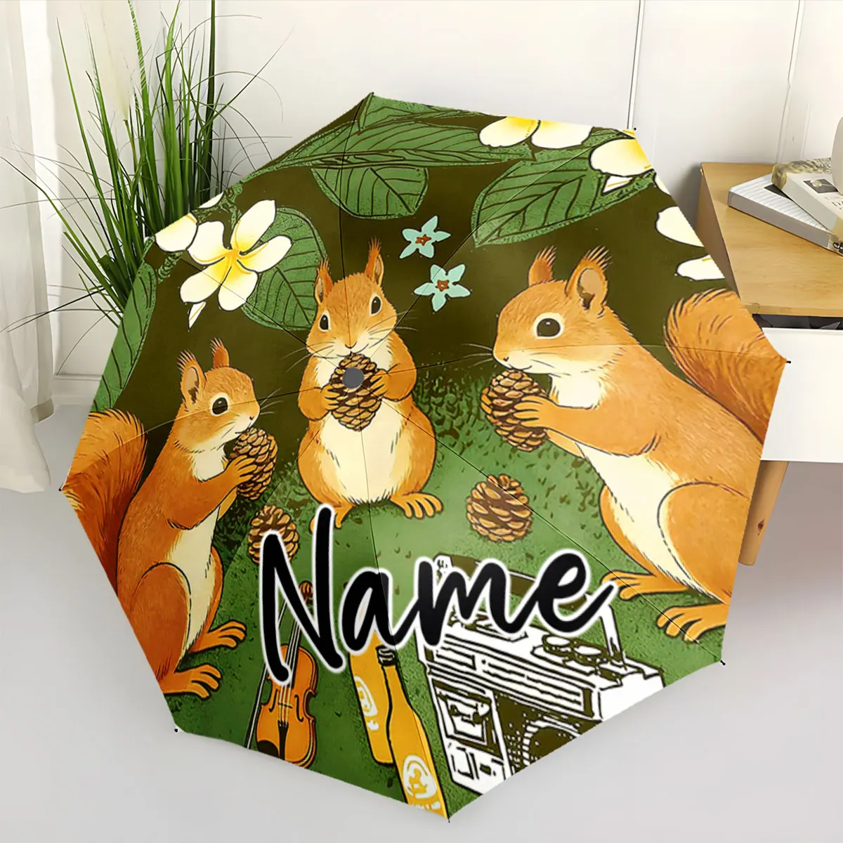Custom Name Umbrella Adorable Squirrel Design on Green Umbrella Print 8 Iron Ribs Folding Umbrella Auto-Open Fashion Sunshade