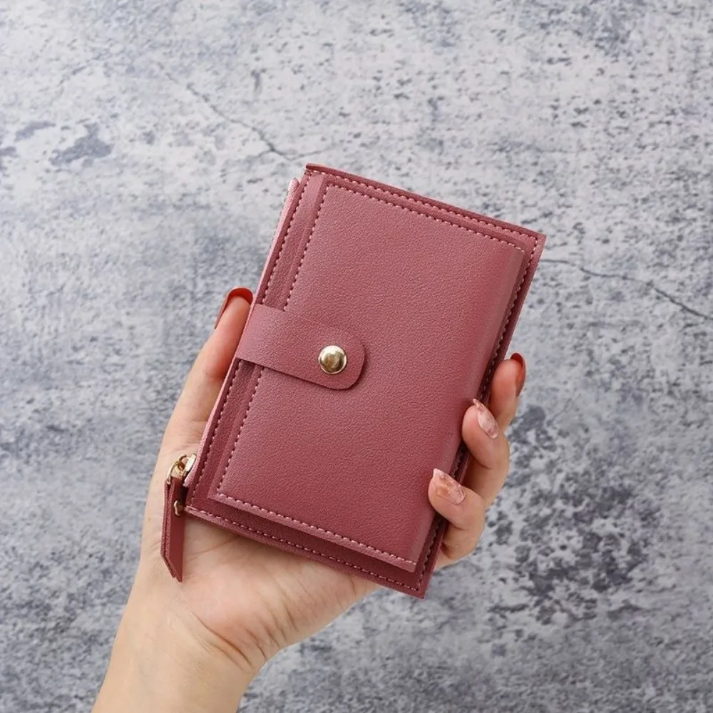 Ultra-thin Students Card Bag with Multiple Card Slots PU Short Wallet with Zipper Solid Color Coin Purse For Bank Card Holder