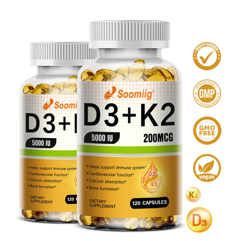 

Vitamin D3 + K2 Supplement 5000IU 200 Mcg, Supports Bone, Joints, Muscle, Immune Health, Calcium Absorption, 120 Capsules