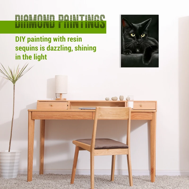 Animale gatto nero pittura diamante, diamante rotondo ricamo arte diamante lavoro manuale fai da te simpatico Puzzle per animali domestici