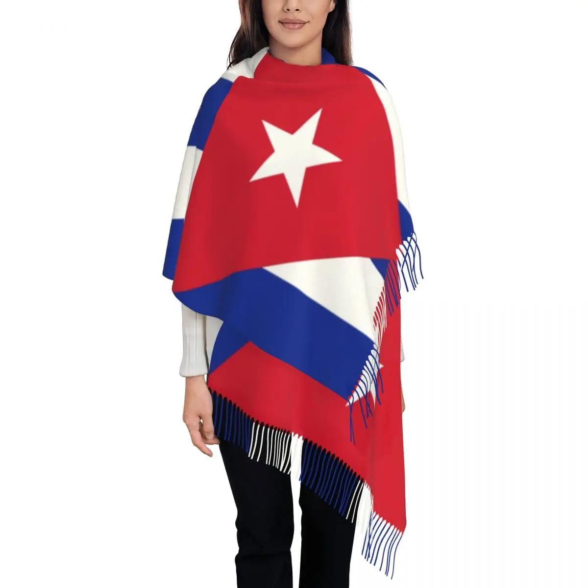 Flag Of Cuba Tassel Scarf Women Soft Cuban Patriotic Shawls Wraps Female Winter Scarves