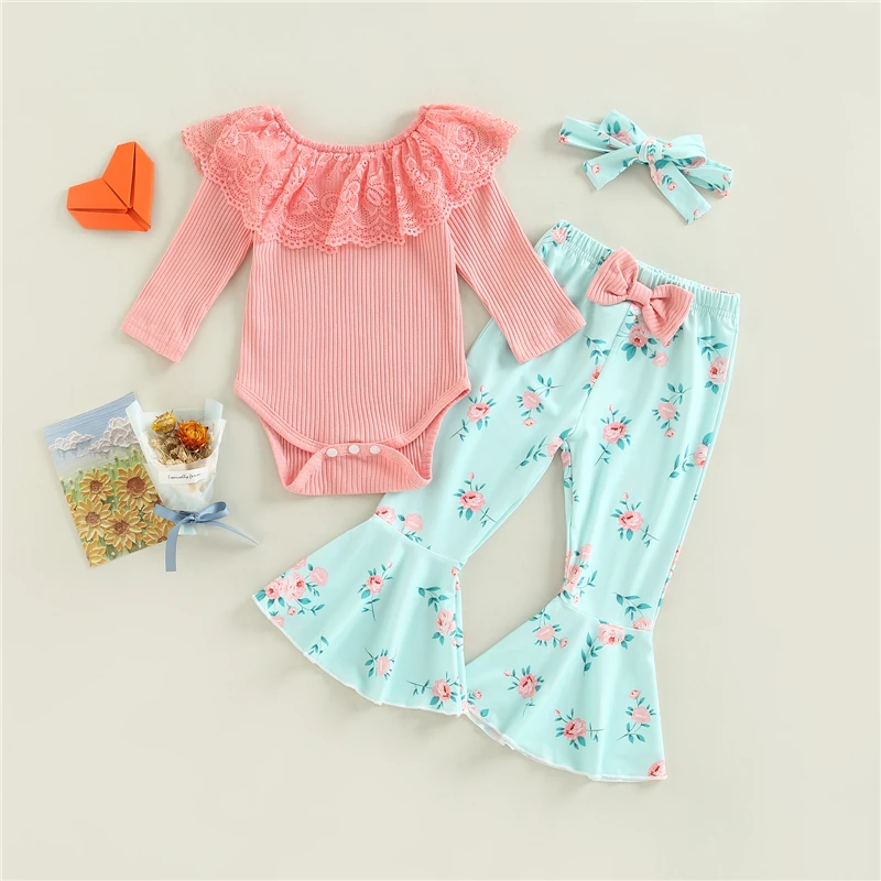 Infant Baby Girls 3pc Outfit Lace Ruffles Knitted Ribbed Long Sleeve Romper + Leopard/Floral Print Flare Pants + Headband Set