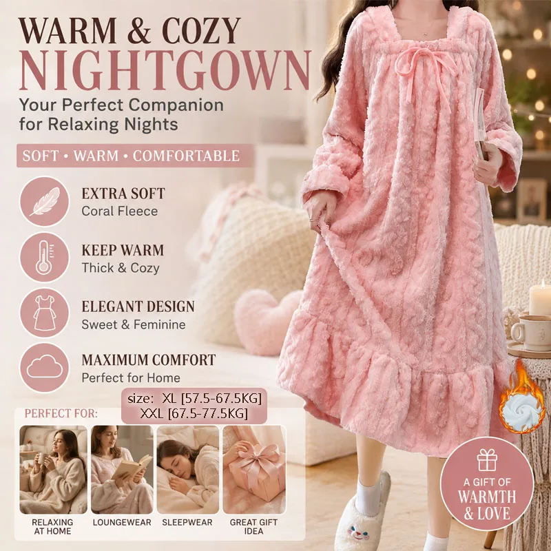Thick coral fleece nightgown with long sleeves and over-knee length, perfect for lounging and sleeping at home in winter.