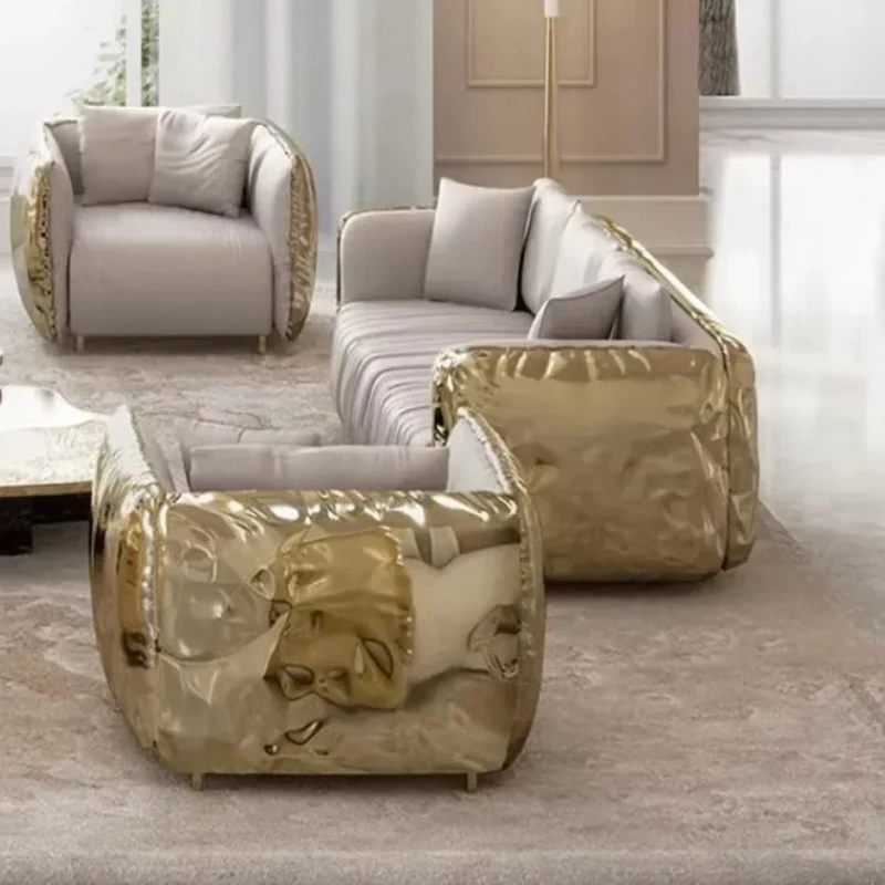 Moderno Juego de Sofás Chesterfield de Cuero Dorado 3/2/1, Muebles Modulares en Oferta para Sala de Estar, Hotel o Apartamento