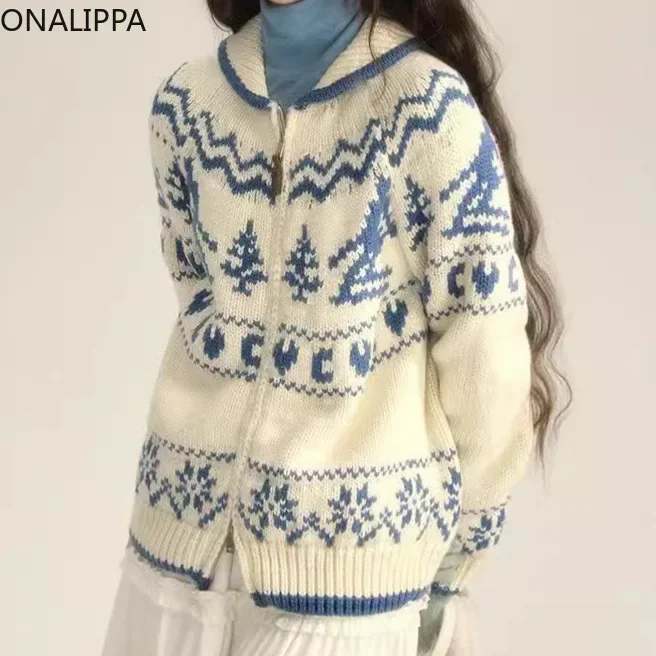 Onalippa Christmas Tree Snowflake Jacquard Sweater Contrast Zipper Peter Pan Collar Cardigans Korean Casual Knitted Cardigan