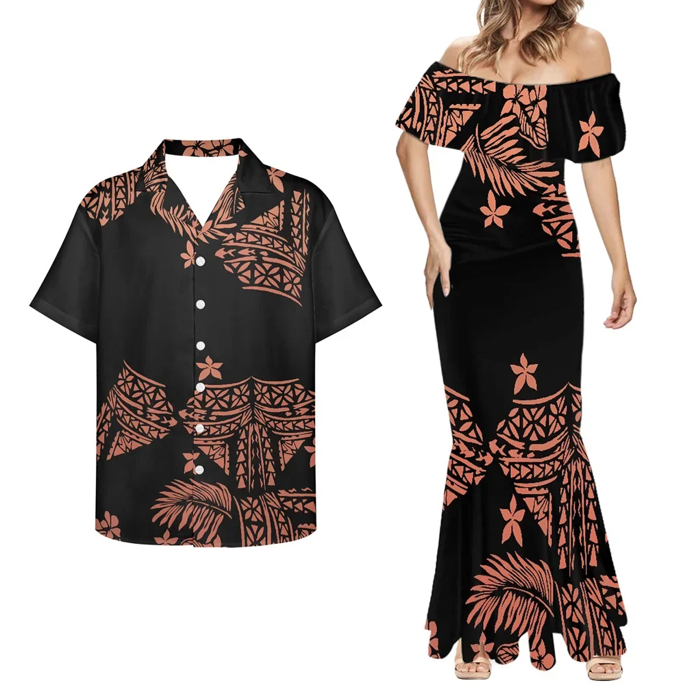 Preto polinésia padrão tribal vestidos femininos e camisas masculinas 2 pçs hibisco plus size roupas femininas 8xl verão casais roupas