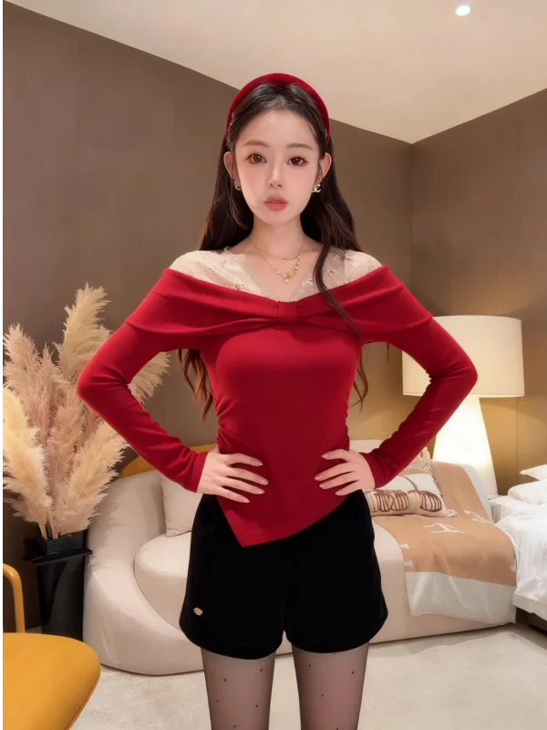 

plus Size Slimming Red One oulder New Year Top Women's Autumn Winter Glitter Base irt Korean Sle Commute Long Sve