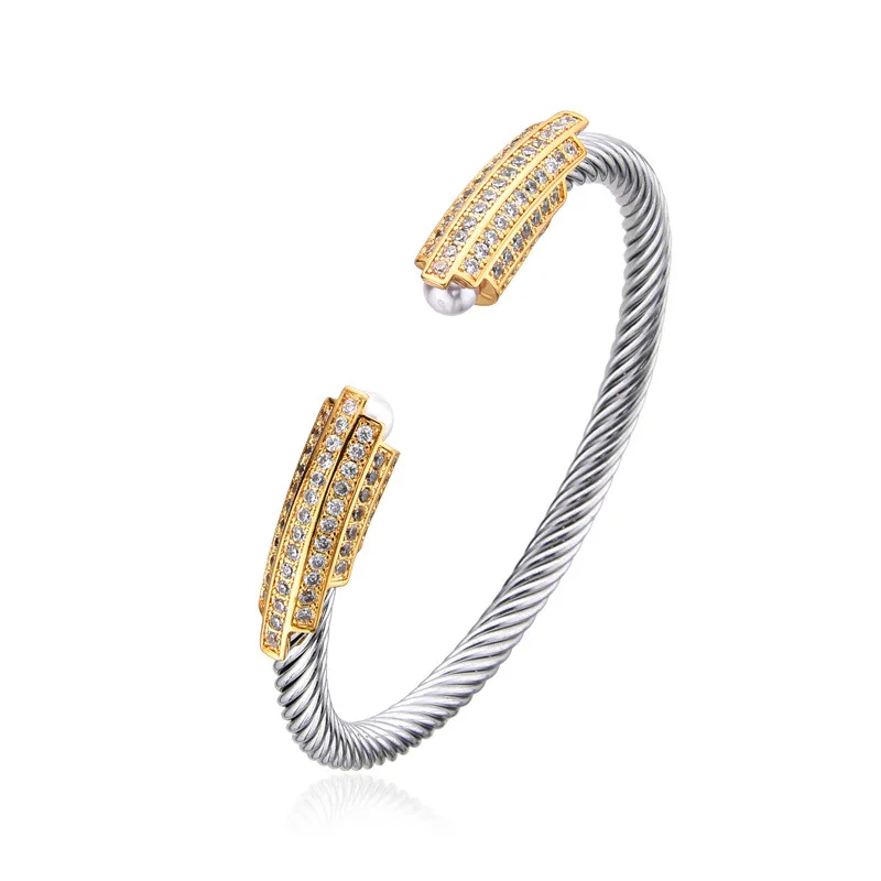 LENNIKHigh End، طراز فاخر خفيف، سوار مفتوح من الفولاذ المقاوم للصدأ مع لمسات ذهبية وفضية، حبل سلك فولاذي لؤلؤي