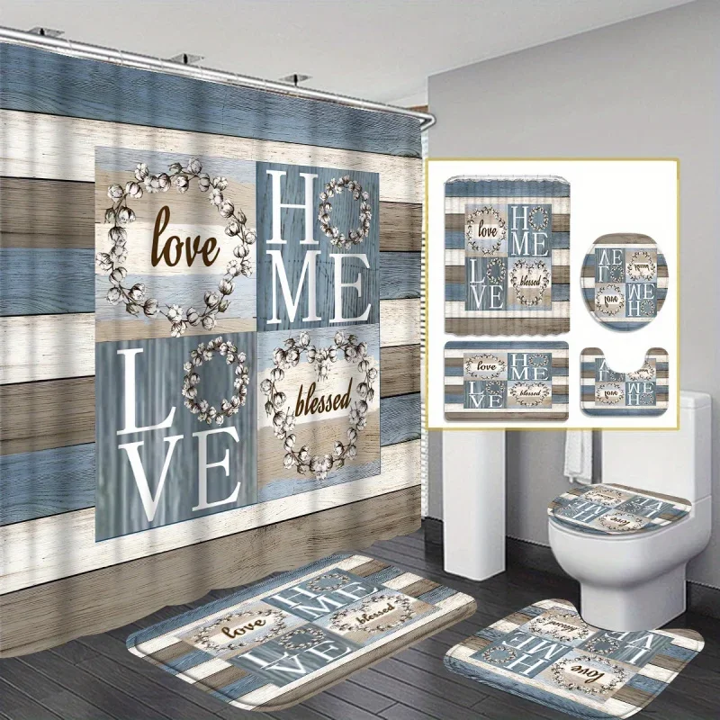 

4pcs Wood Grain Background Letters Modern Home Bathroom Decoration: Shower Curtain and 3-piece Toilet Floor Mat Set with 12 Show